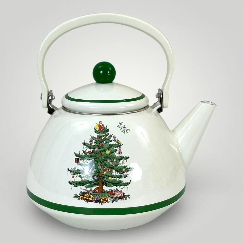 Christmas Tree Enamel Tea‎ Pot White Green Holiday Kitchen Decor 7